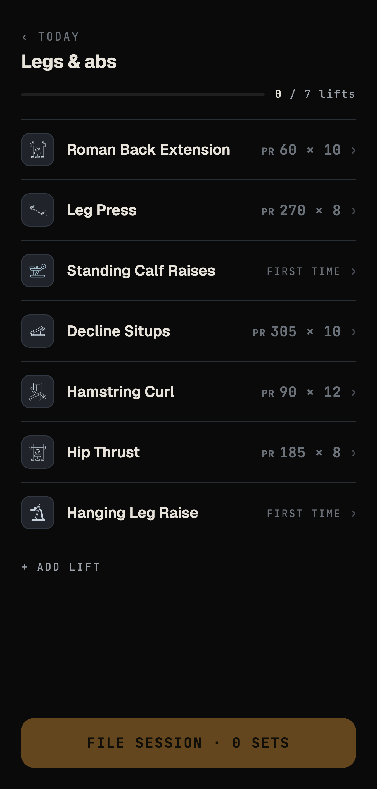 Proof session screen: today's lifts as a board, tap any to log