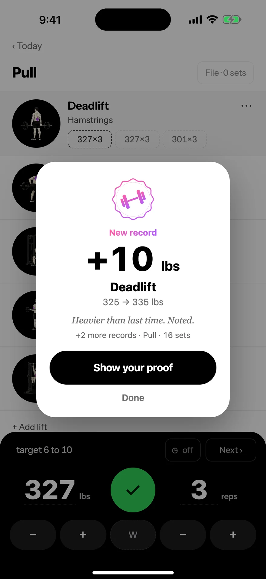 End of workout card: new record, plus 10 lbs on Deadlift, and Show your proof