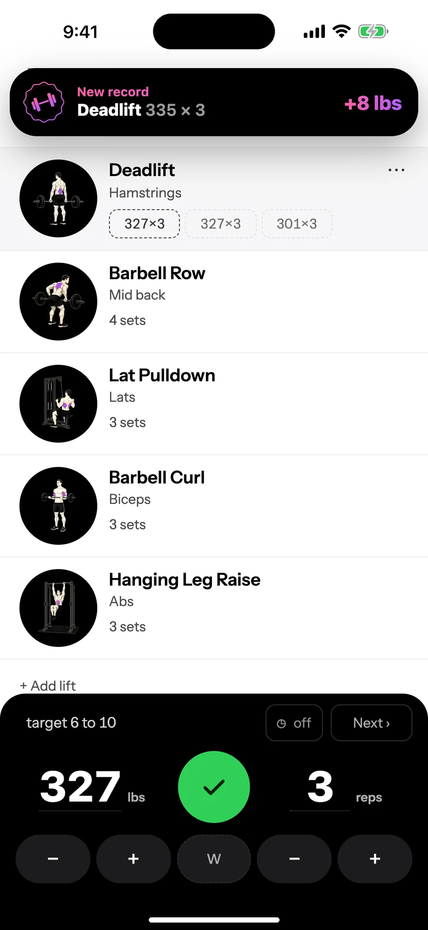 New record bar at the top of the logger: Deadlift 335 by 3, plus 8 lbs