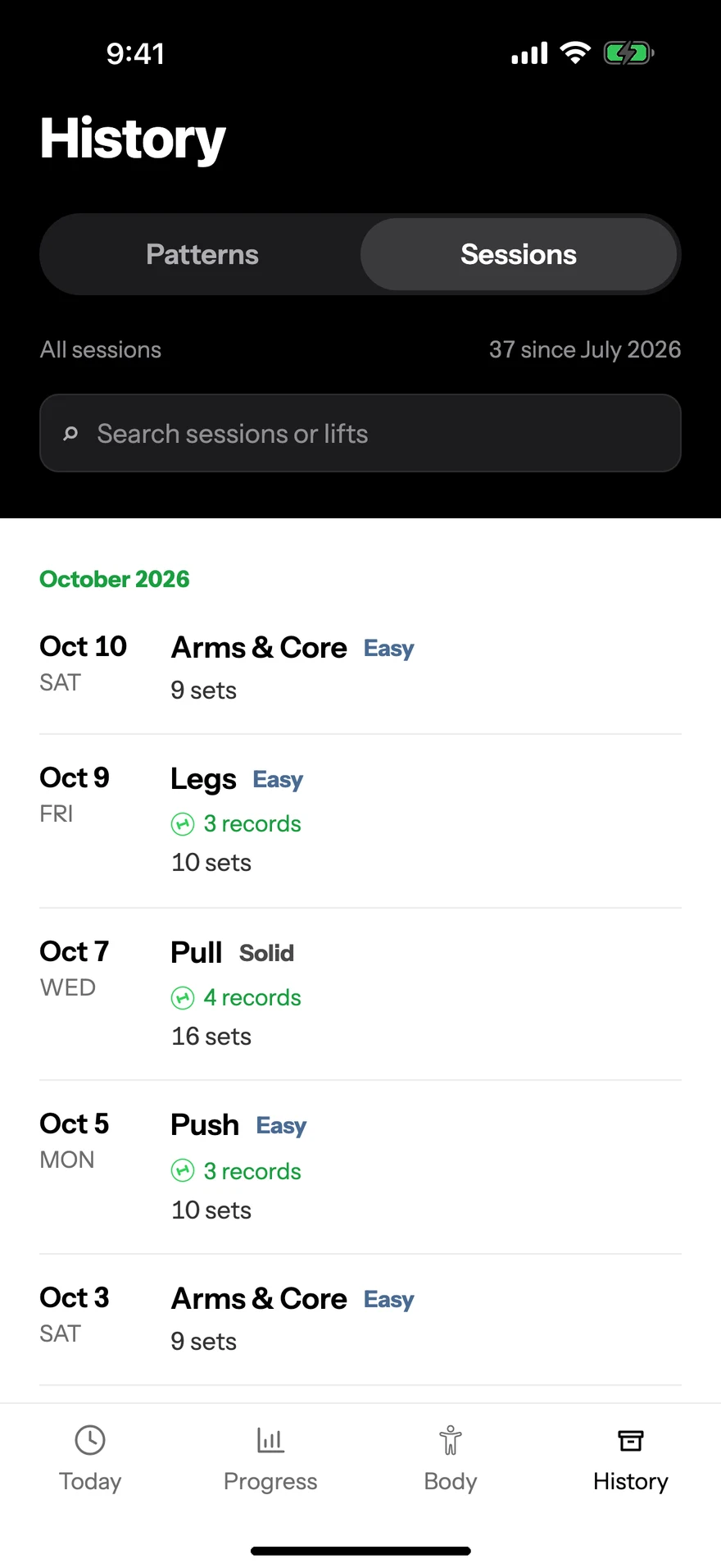 Every session, searchable, with records marked