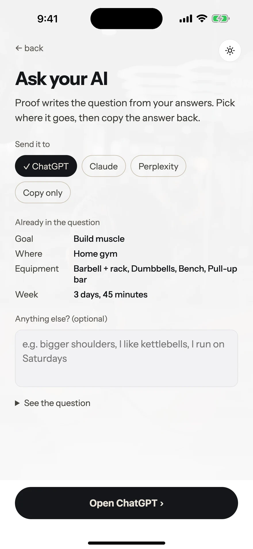Ask your AI: ChatGPT, Claude or Perplexity, with your answers filled in