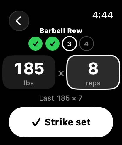 Apple Watch: Barbell Row, 185 by 8, Strike set