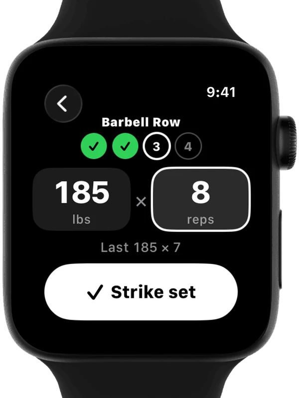 Proof on Apple Watch: Barbell Row, 185 lbs by 8 reps, and Strike set