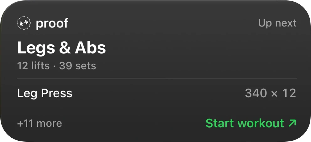Up next widget: Legs and Abs, 12 lifts, 39 sets, Leg Press 340 by 12, Start workout